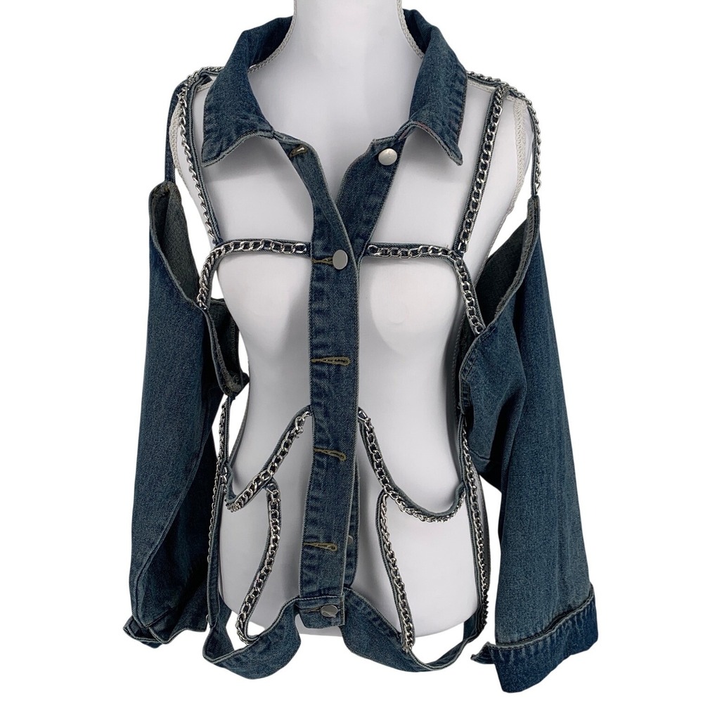 Peekskill Womens M Deconstructed Denim Chain Harness Jacket Festival Avant Garde
